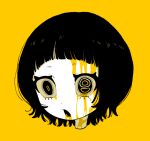  1girl black_hair bleeding_from_forehead blood blood_on_face blunt_bangs close-up colored_skin commentary_request extra_pupils limited_palette open_mouth original panda23577667 short_hair simple_background solo white_skin yellow_background yellow_theme 