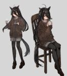  1girl absurdres ahoge animal_ears black_pantyhose brown_footwear brown_sweater chair coffee coffee_mug coffee_pot cup earrings grey_shorts highres holding holding_coffee_pot holding_cup horse_ears horse_girl horse_tail jewelry long_bangs long_hair looking_at_viewer manhattan_cafe_(umamusume) mug multicolored_hair multiple_views pantyhose rokojii shorts single_earring sitting solo steam sweater tail umamusume white_hair yellow_eyes 