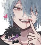  2boys ametaro_(ixxxzu) black_hair blood blood_from_mouth blue_eyes boku_no_hero_academia burn_scar cheek_piercing chibi dabi_(boku_no_hero_academia) finger_in_own_mouth grey_hair heart highres looking_at_viewer male_focus mouth_pull multiple_boys multiple_scars red_eyes scar scar_on_face shigaraki_tomura short_hair spiked_hair staple stapled sweatdrop wrinkled_skin 