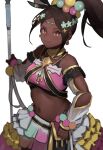  1girl brown_hair dark-skinned_female dark_skin earrings fire_emblem fire_emblem_engage flower frilled_skirt frills hair_flower hair_ornament hand_on_hip highres jewelry long_hair midriff navel polearm ponytail red_eyes seinikuten skirt smile spear timerra_(fire_emblem) weapon white_background 