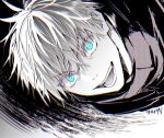  1boy artist_name blue_eyes crazy_eyes gojou_satoru greyscale highres jacket jujutsu_kaisen looking_at_viewer male_focus monochrome nukomaru open_mouth portrait short_hair smile solo spot_color v-shaped_eyebrows 