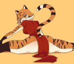  2022 anthro breasts butt clothing digital_media_(artwork) dvampiresmile felid female hi_res looking_at_viewer looking_back looking_back_at_viewer mammal pantherine red_clothing red_eyes simple_background smile solo tiger yellow_background 