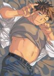  1boy abs bara blush brown_hair clothes_lift dark-skinned_male dark_skin feet_out_of_frame flustered from_above furrowed_brow groin hands_up highres large_pectorals looking_at_viewer lying male_focus mature_male muscular muscular_male navel nipples on_bed on_side one_eye_closed open_clothes open_shirt original pectorals plump sagami_jon shirt_lift short_hair solo sweat 