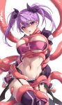  1girl aisha_landar arms_behind_back bandeau blush breasts elsword garter_straps hair_between_eyes highres large_breasts looking_at_viewer navel purple_hair red_eyes restrained solo tacco_(tikeworld) tentacles tentacles_under_clothes thighhighs twintails void_princess_(elsword) white_background 
