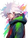  1boy blue_background brown_eyes danganronpa_(series) danganronpa_2:_goodbye_despair from_side frown grey_hair highres hood hood_down hooded_jacket jacket komaeda_nagito long_sleeves looking_down male_focus multicolored_background orange_background paint_on_clothes pink_background profile solo urami0310 white_background 