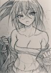  1girl breasts chest_sarashi clothing_request commentary_request graphite_(medium) greyscale hair_between_eyes isekai_samurai japanese_clothes long_hair looking_at_viewer medium_breasts midriff mimasato monochrome navel open_mouth sarashi scar scar_on_face scar_on_nose scar_on_stomach solo sweat teeth traditional_media tsukitsuba_ginko undressing upper_body upper_teeth_only very_long_hair 