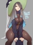  1girl agawa_ryou blue_hair blunt_ends bodysuit bodysuit_under_clothes braid breasts cleavage grey_hair hair_over_one_eye hat large_breasts long_hair long_sleeves looking_at_viewer multicolored_hair one_eye_covered original parted_lips single_braid skin_tight solo two-tone_hair witch witch_hat 