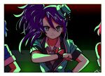  1boy 2girls backlighting border closed_mouth collared_shirt dorothy_west green_headwear green_jacket hair_between_eyes hat idol idol_clothes jacket leona_west long_hair looking_at_viewer mini_hat multiple_girls out_of_frame pretty_(series) pripara purple_hair rituyama1 serious shirt short_sleeves side_ponytail signature solo_focus toudou_shion upper_body v-shaped_eyebrows white_border white_shirt yellow_eyes 