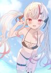  10_no_cut 1girl alternate_costume belt bikini black_bikini fang grey_hair hair_ribbon highres hololive horns multicolored_hair nail_polish nakiri_ayame navel red_eyes red_hair remisaku25 ribbon skin_fang streaked_hair swimsuit thigh_belt thigh_strap twintails virtual_youtuber 