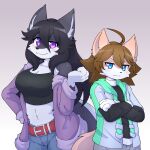  1:1 absurd_res akumu_(nightmareroa) anthro blue_eyes blush breasts brown_hair canid canine clothed clothing domestic_cat duo eterna_(nighthmareroa) felid feline felis female fox frown fur hair hi_res looking_at_viewer male male/female mammal multicolored_body multicolored_fur nightmareroa pink_eyes simple_background smile topwear white_body white_fur 