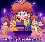  1boy 1girl blue_eyes brown_hair crossdressing crown dress earrings english_text gem gloves highres instrument jewelry looking_at_another luigi manysart1 mario_(series) medium_hair music orange_dress parody piano playing_instrument playing_piano princess_daisy smile the_super_mario_bros._movie 