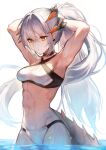  1girl arknights armpits arms_up bikini black_choker choker commentary_request cowboy_shot grey_hair greypidjun halterneck highres horns long_hair navel orange_eyes saria_(arknights) simple_background solo standing stomach swimsuit tail very_long_hair wading water white_background white_bikini 
