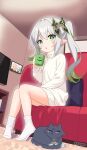  1girl absurdres aether_(genshin_impact) alternate_costume black_cat cabinet cameo casual cat commentary couch cup english_commentary flat_screen_tv genshin_impact gradient_hair green_eyes hair_between_eyes hair_ornament highres holding holding_cup indoors knees_together_feet_apart kulo_jawa legs long_hair long_sleeves looking_at_viewer mug multicolored_hair nahida_(genshin_impact) no_shoes on_couch parted_lips photo_(object) picture_frame pillow pointy_ears ribbed_sweater side_ponytail sidelocks sitting socks sweater turtleneck turtleneck_sweater two-tone_hair white_hair white_socks window 