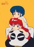  akane_tendo bear blue_eyes blue_hair braided_hair braided_ponytail female genma_saotome giant_panda group hair hi_res human male mammal ponytail ranma_1/2 ranma_saotome shinkanshinkan short_hair simple_background size_difference smile trio yellow_background 