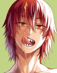 1boy boku_no_hero_academia bright_pupils commentary dripping earrings eyes_visible_through_hair green_background hair_between_eyes hair_down honey hoop_earrings jewelry kirishima_eijirou licking_lips looking_at_viewer lowah male_focus multiple_earrings open_mouth orange_pupils portrait raised_eyebrows red_eyes red_hair scar scar_across_eye scar_on_face sharp_teeth short_eyebrows short_hair sidelighting simple_background slit_pupils solo spiked_hair straight-on teeth tongue tongue_out 