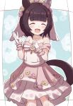  1girl :d ^_^ animal_ears bare_shoulders black_hair blush closed_eyes collarbone commentary_request dress facing_viewer flower gloves hair_flower hair_ornament hands_up highres horse_ears horse_girl horse_tail jewelry layered_dress necklace nishino_flower_(umamusume) pearl_necklace pink_dress pink_flower pink_rose pleated_dress rose smile solo strapless strapless_dress sunanuko_(ramuneko) tail umamusume veil white_gloves yellow_flower yellow_rose 