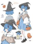  +++ 1girl alternate_costume black_choker blue_eyes blue_hair blue_skirt bright_pupils brown_gloves choker closed_mouth commentary_request eyelashes gengar gloves halloween halloween_bucket hand_up happy_halloween hat highres holding hood hood_down jack-o&#039;-lantern lana_(pokemon) litwick long_sleeves mimikyu monmon_(monmon_k18) multiple_views pokemon pokemon_(creature) pokemon_(game) pokemon_sm short_hair skirt smile white_background white_pupils witch_hat 