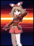  1girl absurdres alternate_costume arrow_(symbol) brown_hair brown_sweater closed_mouth cosplay dialogue_box eyelashes frown gloves grey_eyes hairband highres hood hooded_vest hoodie may_(pokemon) medium_hair poke_ball_symbol pokemon pokemon_(game) pokemon_oras red_hairband red_shorts red_vest ribbed_sweater shabana_may shorts solo sweater team_magma team_magma_grunt team_magma_grunt_(cosplay) team_magma_uniform trainer_wants_to_battle vest 