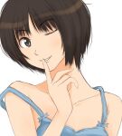  1girl amagami bare_shoulders blue_camisole breasts brown_eyes brown_hair camisole close-up collarbone finger_to_mouth hair_strand head_tilt index_finger_raised looking_at_viewer messy_hair one_eye_closed parted_lips portrait short_hair shushing simple_background small_breasts smile solo strap_slip takemi_kaoru white_background 