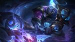  1boy absurdres armor blue_eyes colored_skin constellation cosmic_paladin_sion english_commentary fingernails galaxy giant glowing glowing_eyes highres holding holding_weapon league_of_legends light male_focus official_alternate_costume shoulder_armor sion_(league_of_legends) sky solo space star_(sky) starry_sky weapon white_hair 