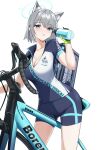  1girl absurdres animal_ear_fluff animal_ears bee_doushi bicycle bike_jersey bike_shorts blue_archive blue_sky bottle breasts cleavage cloud commentary_request cup day grey_hair ground_vehicle halo highres holding holding_cup looking_at_viewer medium_breasts official_alternate_costume outdoors shiroko_(blue_archive) shiroko_(cycling)_(blue_archive) short_hair sky solo water_bottle 