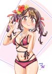  1girl :3 bare_arms bare_shoulders bikini black_hair breasts brown_eyes cleavage commentary_request cowboy_shot earrings flower hair_flower hair_ornament hair_ribbon hairclip hands_on_own_chest heart heart_necklace highres jewelry long_hair looking_at_viewer medium_breasts multi-strapped_bikini multicolored_hair navel necklace nuurise2023 onii-chan_wa_oshimai! oyama_mihari purple_hair red_bikini red_ribbon ribbon signature simple_background smile solo swimsuit twintails two-tone_hair v 