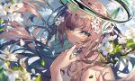  1girl angel blurry blush brown_hair dark_halo depth_of_field floating_hair flower green_eyes hair_ornament half-closed_eyes halo heaven&#039;s_melody highres licking licking_finger looking_at_viewer official_art official_wallpaper original petals sky tongue 