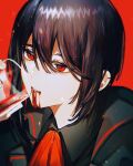  1boy androgynous asymmetrical_sidelocks black_hair black_jacket black_shirt blood blood_from_mouth collared_shirt cup double-parted_bangs drinking ear_piercing expressionless hair_between_eyes highres holding holding_cup jacket kanmiya_(amamia06-16) lapels looking_ahead male_focus neck_ribbon notched_lapels original parted_lips piercing portrait red_background red_eyes red_ribbon ribbon shirt short_hair sidelocks simple_background solo 