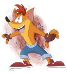  2023 4_fingers absurd_res activision anthro bandicoot biped black_nose bottomwear clothed clothing crash_bandicoot crash_bandicoot_(series) eyebrows fingerless_gloves fingers footwear full-length_portrait fur gloves handwear hi_res madtoons male mammal marsupial open_mouth orange_body orange_fur pants portrait shoes signature simple_background solo standing teeth topless 