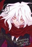  1boy anoko_(darenokoanoko) black_jacket black_necktie boku_no_hero_academia cape closed_mouth highres jacket long_hair male_focus mole mole_under_mouth necktie red_cape red_eyes scar scar_on_face shigaraki_tomura solo speech_bubble suit suit_jacket translation_request white_hair wrinkled_skin 