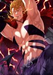  1boy abs absurdres arms_up bara biting blonde_hair cape demon_tail electricity highres mairimashita!_iruma-kun male_focus mouth_hold muscular muscular_male navel onimoti red_cape sabnock_sabro solo tail teeth_hold yellow_eyes 