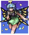  1girl alternate_breast_size antennae aqua_hair barefoot breasts bug butterfly butterfly_wings dress eternity_larva eye20806972 fairy green_dress hair_ornament highres leaf leaf_hair_ornament leaf_on_head multicolored_clothes short_hair short_sleeves solo touhou wings yellow_eyes yellow_wings 
