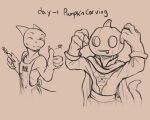  absurd_res ambiguous_gender anthro biskierisky claws clothed clothing duo english_text eyes_closed finger_claws food fruit gesture hi_res plant pumpkin scalie sketch tail text thumbs_up 