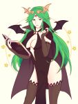  1girl adapted_costume alternate_costume black_gloves black_leotard black_thighhighs book breasts cape circlet cleavage collarbone elbow_gloves fingerless_gloves forehead_jewel gloves green_eyes green_hair highres holding holding_book kid_icarus kid_icarus_uprising large_breasts leotard long_hair palutena parted_bangs partially_fingerless_gloves raised_eyebrow solo thighhighs truejekart very_long_hair 