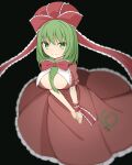  1girl black_background blurry breasts closed_eyes commentary_request depth_of_field dress front_ponytail green_eyes green_hair green_pupils hair_ribbon hekkmushi highres kagiyama_hina large_breasts looking_at_viewer medium_hair red_dress red_ribbon ribbon simple_background smile solo touhou 