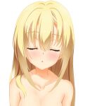  1girl absurdres aoha_81 arihara_nanami blonde_hair blush close-up closed_eyes collarbone commentary_request completely_nude eyelashes eyes_visible_through_hair hair_between_eyes hair_down hair_over_shoulder highres incoming_kiss long_hair nude pov puckered_lips riddle_joker simple_background solo very_long_hair white_background 