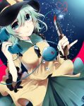  1girl black_bow black_bowtie black_headwear blood blood_on_knife blue_background blue_eyes bow bowtie buttons closed_mouth collar collared_shirt commentary_request constellation diamond_brooch diamond_button eye_of_senri fingernails frilled_shirt_collar frilled_sleeves frills green_collar green_hair green_skirt hat hat_bow heart heart_of_string highres holding holding_knife holding_phone knife komeiji_koishi long_sleeves miniskirt phone shirt short_hair skirt smile star_(symbol) suzune_hapinesu third_eye touhou wide_sleeves yellow_bow yellow_shirt 