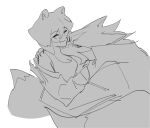  2023 anthro biped brand_new_animal breasts canid canine canis cleavage clothed clothing duo embrace eyes_closed female fur greyscale hair happy hi_res hug jacket looking_at_viewer male male/female mammal medium_breasts mhcmm909 michiru_kagemori monochrome narrowed_eyes open_mouth open_smile raccoon_dog romantic romantic_couple shirou_ogami shirt simple_background sketch smile studio_trigger tail tank_top tanuki topwear white_background wolf 