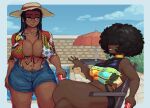  2girls afro blue_border blue_shorts blue_sky border borrowed_character breasts brown_headwear can cleavage cloud cowboy_shot crossed_legs dark-skinned_female dark_skin dreadlocks gigi_(whoopsatro) glasses hair_over_eyes hat highres holding holding_can large_breasts multiple_girls original outdoors parted_lips pool print_shirt red_eyes shadow shirt shorts sitting skidex sky smile table tied_shirt umbrella viv_(whoopsatro) 