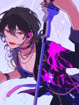  1boy apokado black_choker black_jacket brown_hair chain choker ensemble_stars! headset holding holding_microphone_stand jacket jewelry long_sleeves male_focus microphone_stand multicolored_background multicolored_clothes multicolored_jacket necklace open_mouth pectoral_cleavage pectorals pink_jacket purple_background red_eyes sakuma_rei_(ensemble_stars!) solo sparkle 