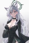  1girl :o ahoge animal_ear_fluff animal_ears black_choker black_dress black_jacket blue_archive breasts choker cleavage collarbone covered_navel cropped_jacket cross_hair_ornament dress extra_ears grey_hair hair_ornament halo highres jacket long_hair long_sleeves looking_at_viewer medium_breasts mintz912 shiroko_(terror)_(blue_archive) simple_background slit_pupils solo very_long_hair white_background wolf_ears 