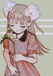  1girl blonde_hair closed_eyes closed_mouth collarbone collared_dress commentary dress english_commentary facing_viewer film_grain flesh_blood_&amp;_concrete flower frilled_sleeves frills grey_background hair_ornament hair_scrunchie hand_up holding holding_flower io_(onisarashi) light_smile long_hair muted_color nika_(flesh_blood_&amp;_concrete) official_art pink_dress puffy_short_sleeves puffy_sleeves scrunchie short_sleeves solo striped striped_background two_side_up u_u upper_body white_flower white_scrunchie wing_collar 