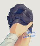  1boy 1girl 2023 andy_(undead_unluck) black_gloves dated gloves grey_background hand_focus holding_hands izumo_fuuko long_sleeves signature simple_background tebbbba undead_unluck 
