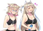  ... 2girls animal_ear_fluff animal_ears bandaid_hair_ornament black_pants black_sports_bra blonde_hair blue_eyes blue_hair blue_hairband bottle breast_conscious breast_envy breasts cleavage closed_eyes closed_mouth collarbone colored_inner_animal_ears dog_ears dog_girl english_commentary fuwawa_abyssgard hair_intakes hair_ornament hairband hairclip hairpin highres holding holding_bottle hololive hololive_english large_breasts long_hair medium_hair medium_support_(meme) meme midriff mococo_abyssgard multicolored_hair multiple_girls navel pants pink_hair pink_hairband shibedraws siblings simple_background sisters small_breasts sports_bra streaked_hair twins virtual_youtuber water_bottle white_background x_hair_ornament yoga_pants 