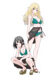  2girls atago_(kancolle) bikini black_hair black_sarong blonde_hair breasts cleavage collarbone full_body green_bikini green_eyes highres kantai_collection large_breasts long_hair multiple_girls neve_(morris-minicooper) red_eyes sandals sarong short_hair squatting standing swimsuit takao_(kancolle) 