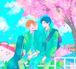  2boys bibibimix39 black_hair blonde_hair blush cherry_blossoms expressionless falling_petals formal given green_necktie guitar_case hands_on_another&#039;s_head instrument_case kashima_hiiragi_(given) male_focus multiple_boys necktie open_mouth petals school_uniform suit yagi_shizusumi_(given) yaoi 