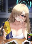  1girl absurdres asuna_(blue_archive) beer_can blonde_hair blue_archive blue_eyes blue_halo blurry blurry_background blush breasts camisole can cleavage collarbone commentary_request food grin hair_over_one_eye halo highres holding holding_can large_breasts long_hair looking_at_viewer mole mole_on_breast naze236 partial_commentary smile solo white_camisole 