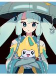  1girl asymmetrical_bangs commentary_request crossover eyelashes flaw_(4lmnis) green_eyes green_hair grey_headwear hat hatsune_miku highres holding holding_pokemon jirachi long_hair looking_at_viewer parted_lips pokemon pokemon_(creature) project_voltage sidelocks steel_miku_(project_voltage) twintails vocaloid wide_sleeves 