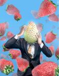  1boy black_jacket blue_background buttoned_cuffs collared_shirt commentary_request food food_print fruit highres jacket long_sleeves male_focus necktie object_head original print_necktie shirt signature simple_background strawberry strawberry_print suit utsusemi_rari 