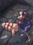  1girl absurdres animal_ears anklet arms_behind_back ball_and_chain_restraint bare_legs barefoot bdsm bell black_hair bondage bound bound_arms bound_legs bound_toes breasts cat_tail collar commentary_request crotch_rope cuffs detached_sleeves full_body highres indoors jewelry kuon_(utawarerumono) legs_folded long_hair low-tied_long_hair lying medium_breasts nero_augustus non-web_source on_floor on_side panties restrained reverse_prayer rope sash shibari shibari_over_clothes sideboob socks socks_removed solo stone_floor surprised sweat tabi tail underwear utawarerumono utawarerumono:_itsuwari_no_kamen white_panties white_socks 